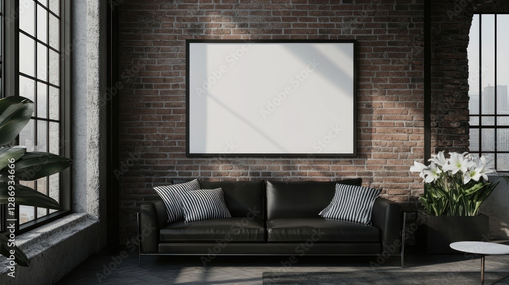 Fototapeta premium Modern Living Room Interior with Blank Frame, Sofa, and Brick Wall