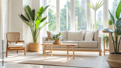 Tranquil living room with natural light and indoor plants,International Plant Appreciation Day