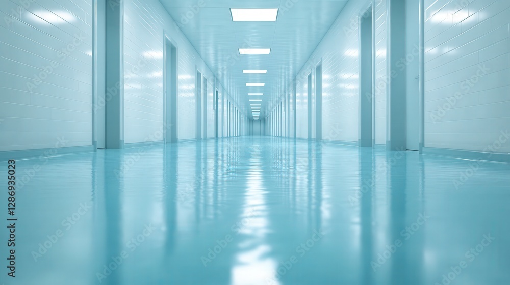 Bright and Clean Hallway with Reflective Floors and White Doors Bright and Clean Hallway with Reflective Floors and White Doors