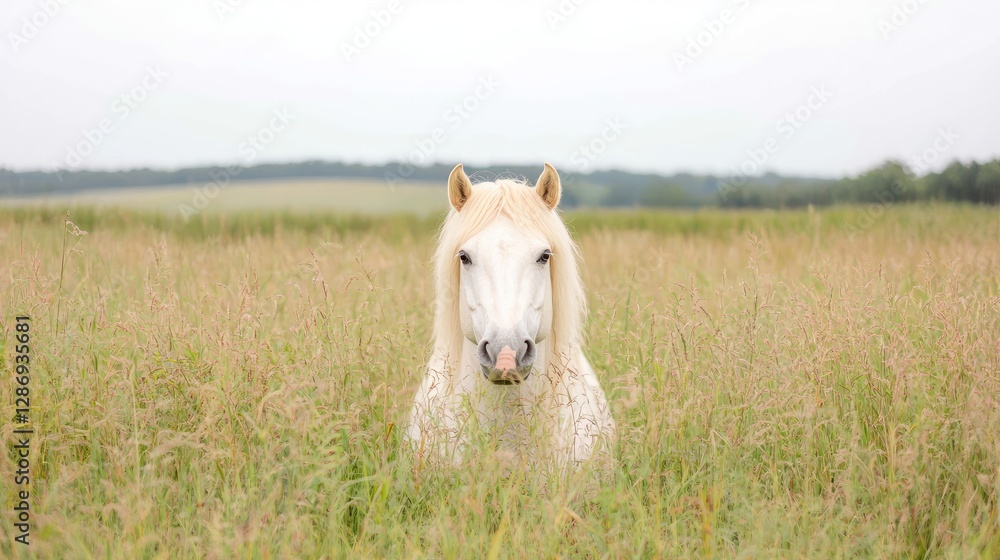 White horse in a field, tranquil countryside scene, outdoors, nature photography