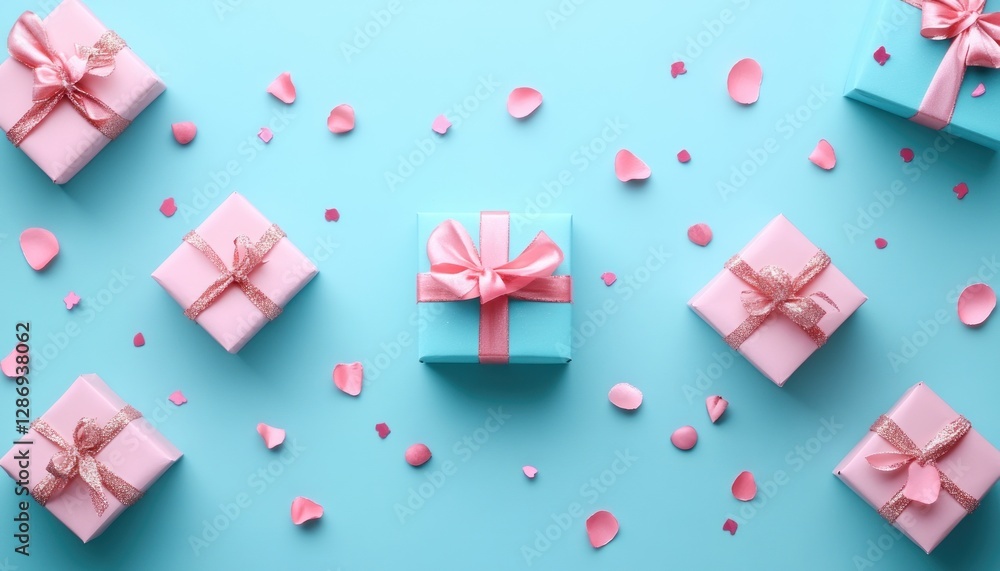 Pink and Blue Gifts with Rose Petals on Blue Background Pink and Blue Gifts with Rose Petals on Blue Background