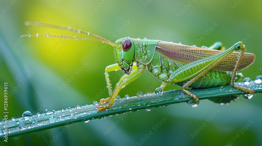 Fototapeta premium Grasshopper on grass blade, water droplets on its green body.