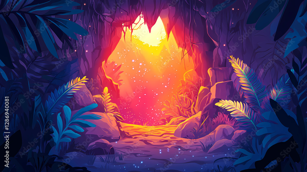 Mysterious cave entrance surrounded by glowing plants and sunlight. Bioluminescent Jungle Temple. Illustration Mysterious cave entrance surrounded by glowing plants and sunlight. Bioluminescent Jungle Temple. Illustration