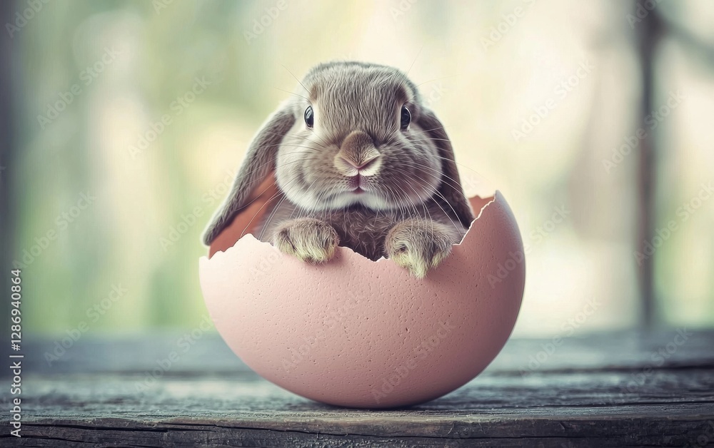 Easter rabbit sitting inside a giant pastel egg shell Easter rabbit sitting inside a giant pastel egg shell