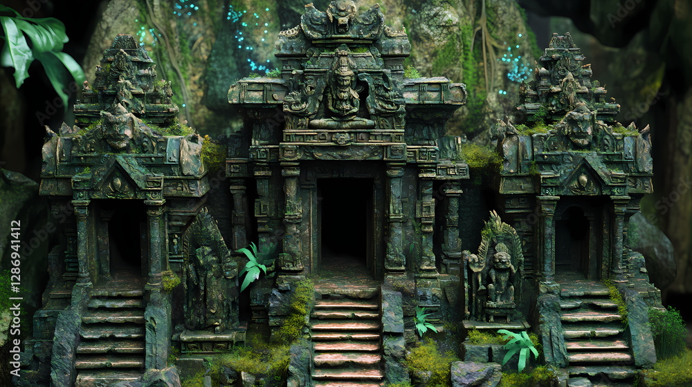 Weathered moss covered ruins of a lost temple hidden deep within a lush overgrown jungle intricate stone carvings and ornate architectural details vibrant. Bioluminescent Jungle Temple. Illustration Weathered moss covered ruins of a lost temple hidden deep within a lush overgrown jungle intricate stone carvings and ornate architectural details vibrant. Bioluminescent Jungle Temple. Illustration