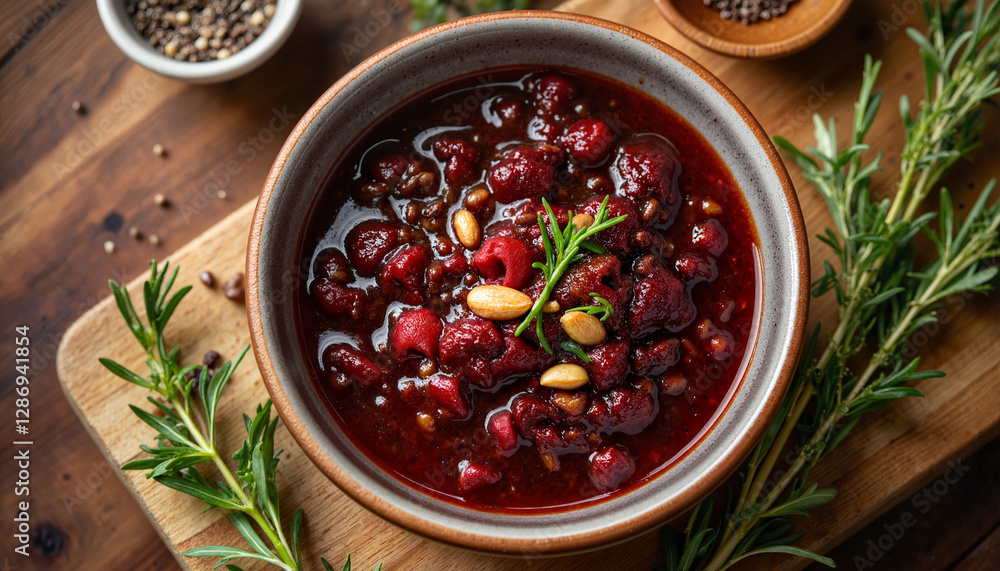 Savory lingonberry sauce in rustic bowl, warm kitchen ambiance Savory lingonberry sauce in rustic bowl, warm kitchen ambiance