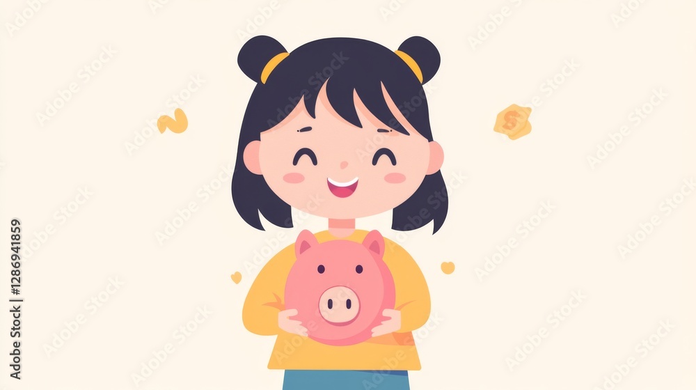 Young girl holding piggy bank with a joyful expression Young girl holding piggy bank with a joyful expression