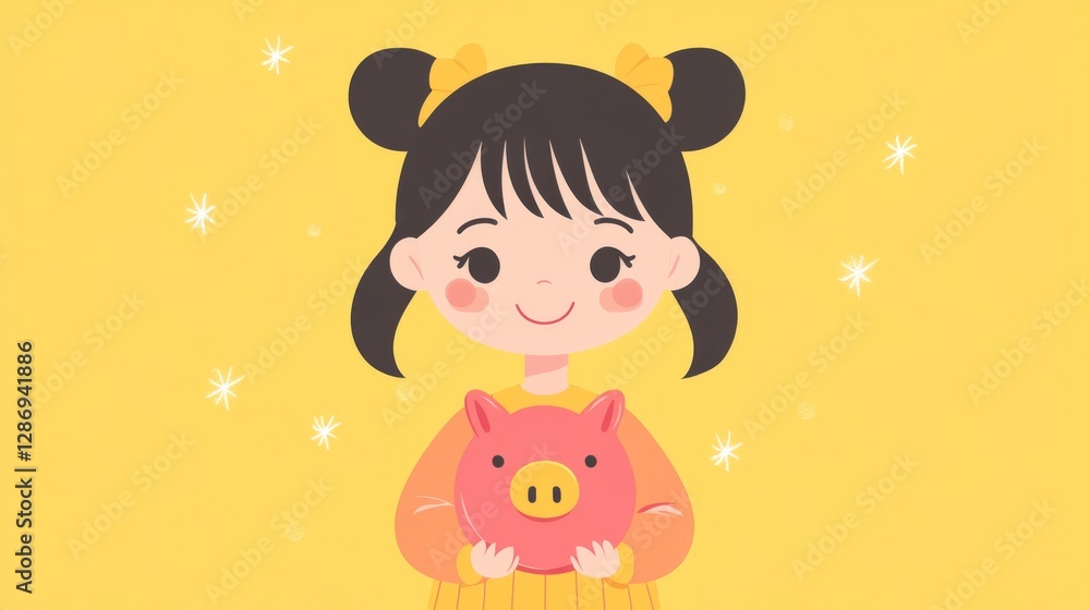 Smiling young girl with piggy bank on yellow background Smiling young girl with piggy bank on yellow background