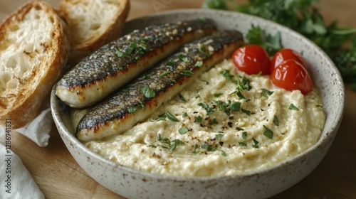 Grilled fish with creamy polenta, toasted bread, and cherry tomatoes on a wooden table