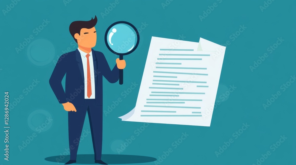 Young male professional analyzing document with magnifying glass Young male professional analyzing document with magnifying glass