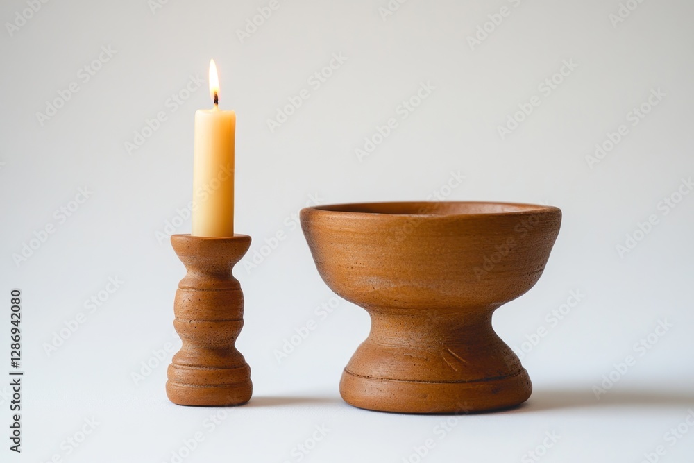 Lit Candle and Terracotta Bowl on White Background Lit Candle and Terracotta Bowl on White Background