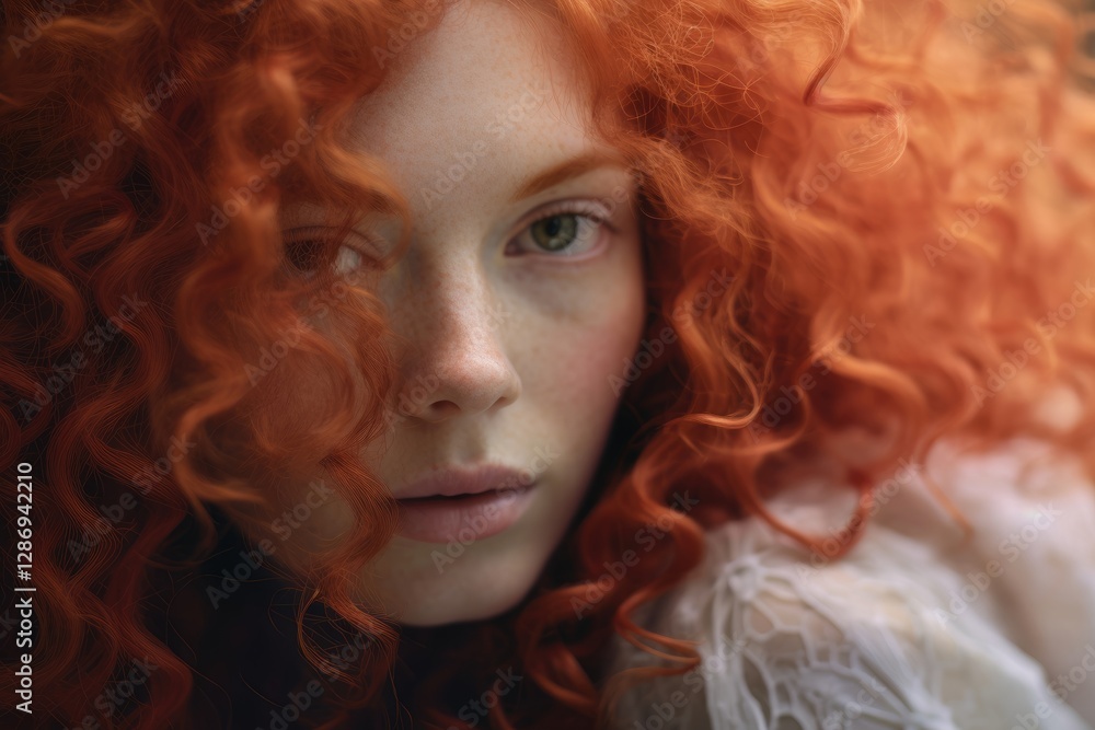 Portrait of caucasian woman with bright ginger curly hair in natural light with dreamy atmosphere. Feminine beauty concept for hair care and cosmetic industry