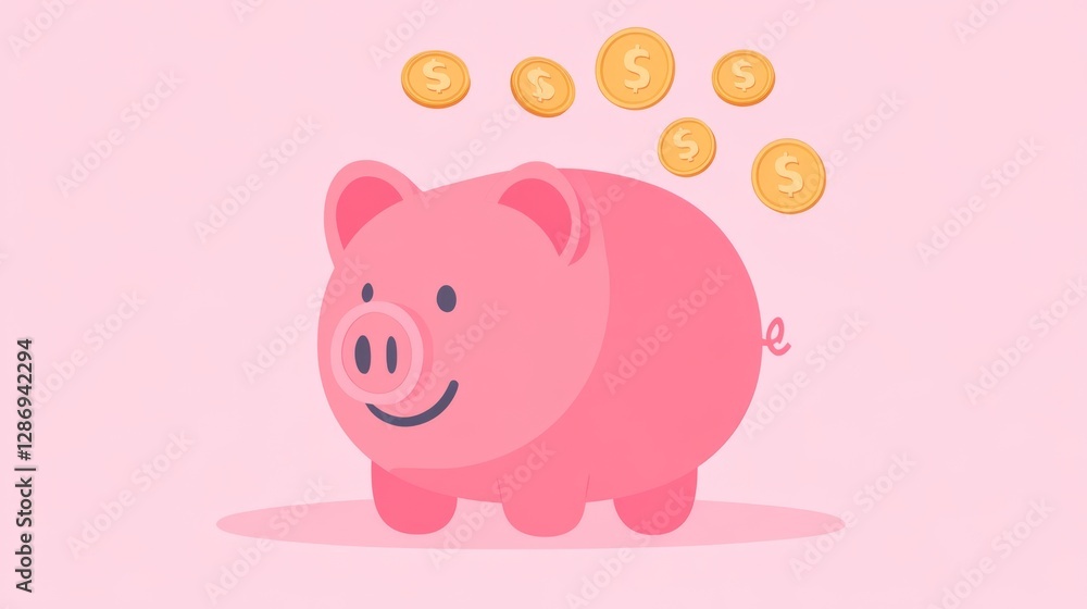 Cute pink piggy bank with gold coins on pastel background Cute pink piggy bank with gold coins on pastel background