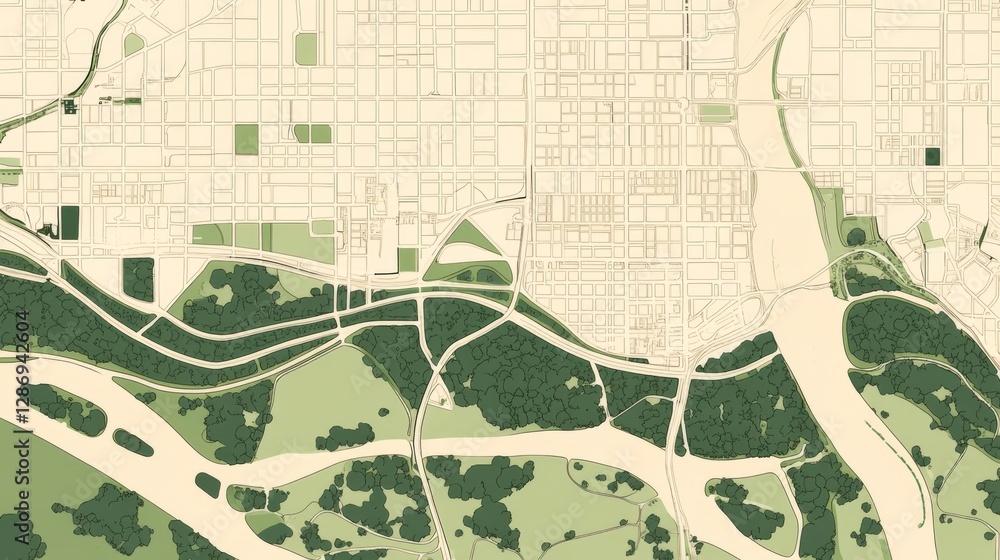 Fototapeta premium Illustrated city map of urban road network and parks