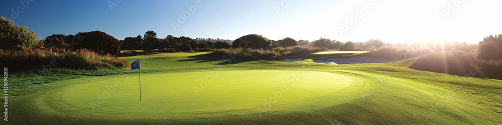 Vibrant golf course with clear blue sky and morning sun. Generative AI Vibrant golf course with clear blue sky and morning sun. Generative AI