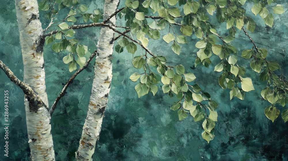Fototapeta premium Birch Tree with Vibrant Green Leaves in Spring, Capturing the Essence of Seasonal Renewal and Fresh Growth