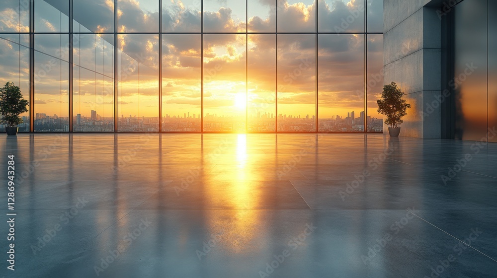 Modern Empty Office Space with Beautiful Sunset View Through Windows Modern Empty Office Space with Beautiful Sunset View Through Windows