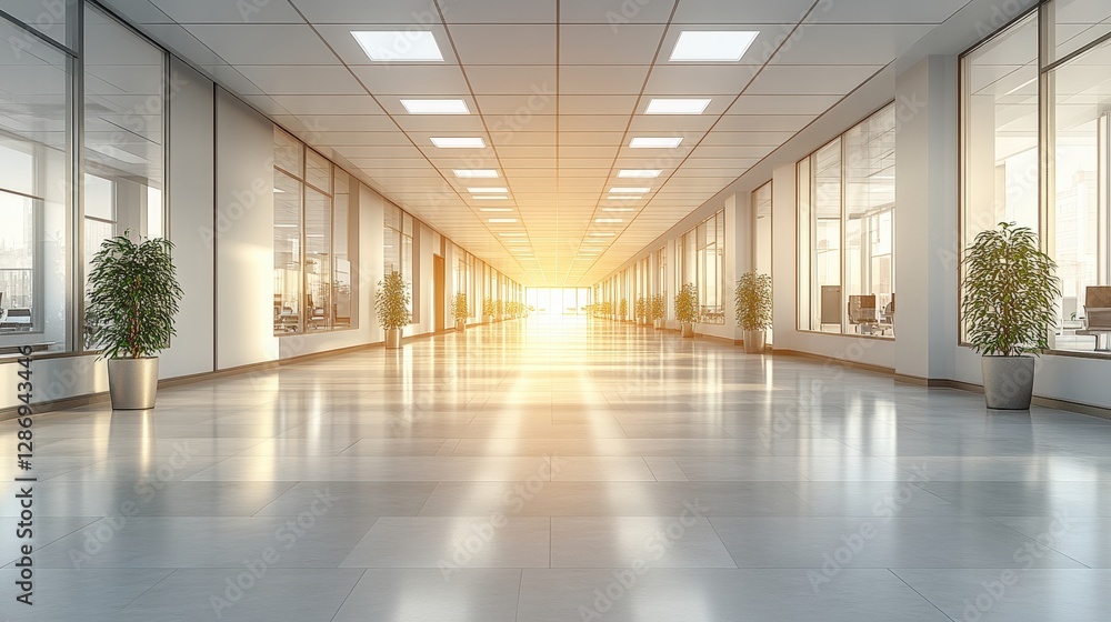 Fototapeta premium Bright and Spacious Modern Office Corridor with Natural Light