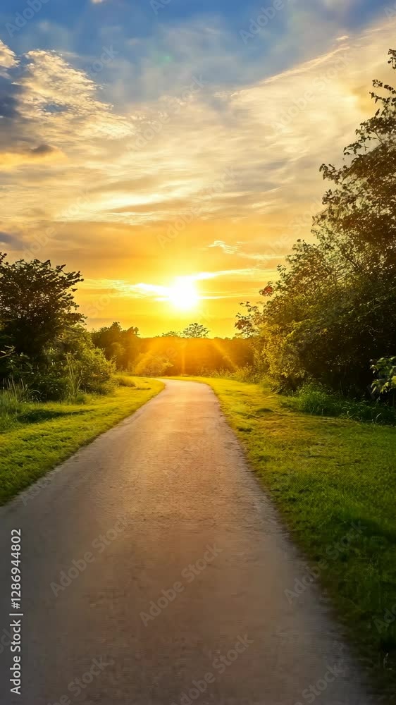 Majestic sunset over a winding pathway surrounded by lush greenery Majestic sunset over a winding pathway surrounded by lush greenery