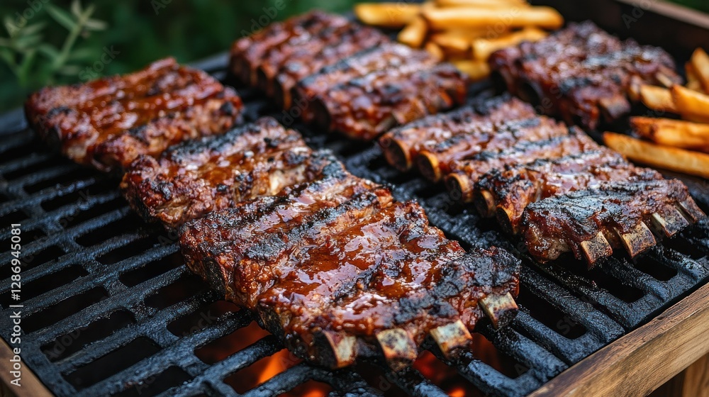 Grilled ribs on outdoor barbecue with french fries Grilled ribs on outdoor barbecue with french fries