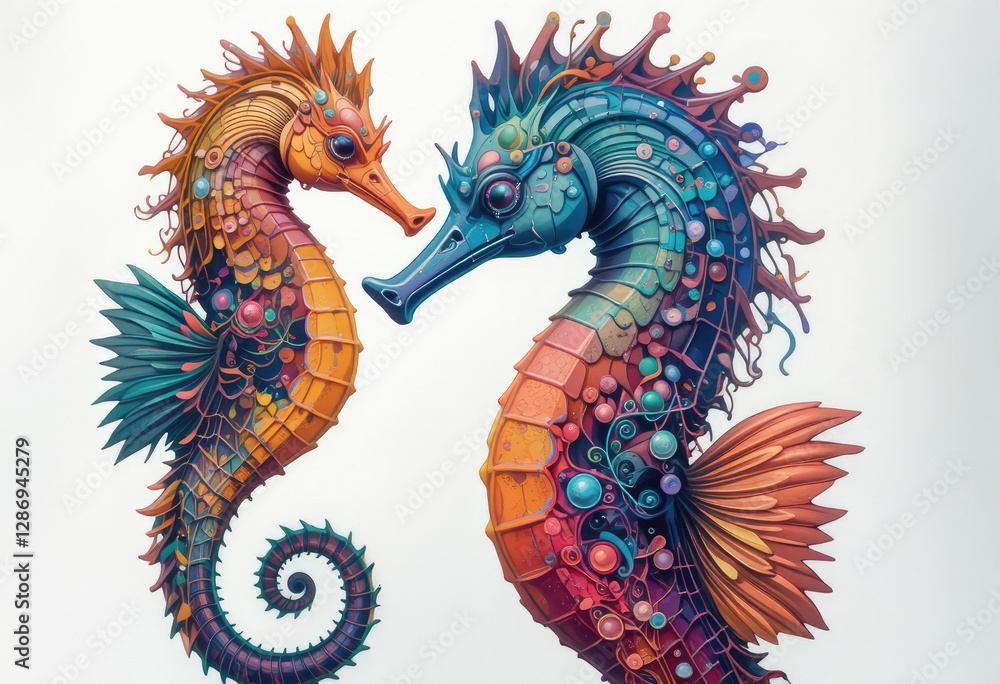Fototapeta premium Two Colorful Seahorses Looking at Each Other on White Background