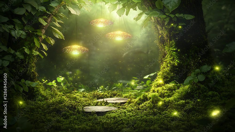 Lush green forest scene with mossy steps glowing lights hanging from above and small sparkles scattered throughout. Lush green forest scene with mossy steps glowing lights hanging from above and small sparkles scattered throughout.