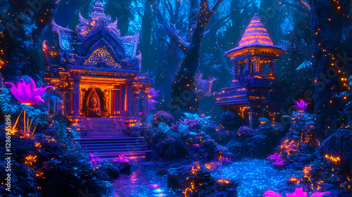 Fototapeta Naklejka Na Ścianę i Meble -  A serene jungle with glowing plants and hindu temple, fantasy. Bioluminescent Jungle Temple. Illustration
