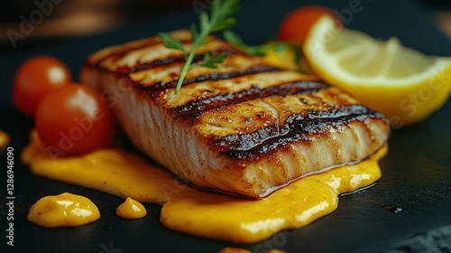 Grilled Salmon with Sauce, Cherry Tomatoes, and Lemon on Dark Plate, Restaurant Setting photo