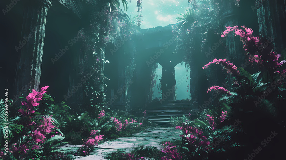 Fototapeta premium Alien jungle with oversized flora and fauna, glowing plants towering over an ancient, mystical temple hidden deep in the forest. Bioluminescent Jungle Temple. Illustration