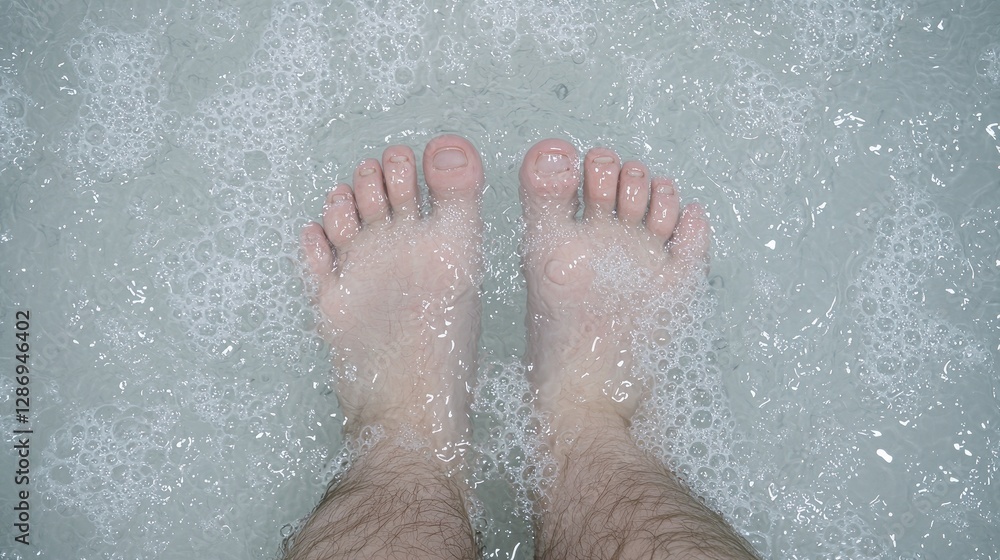 Fototapeta premium Feet in soapy bathwater, top view
