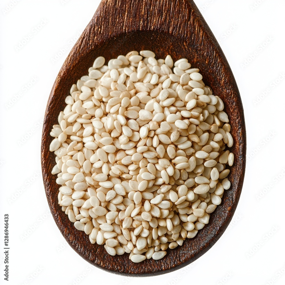 A wooden spoon overflowing with creamy white sesame seeds. A healthy and versatile ingredient for cooking and baking. A wooden spoon overflowing with creamy white sesame seeds. A healthy and versatile ingredient for cooking and baking.