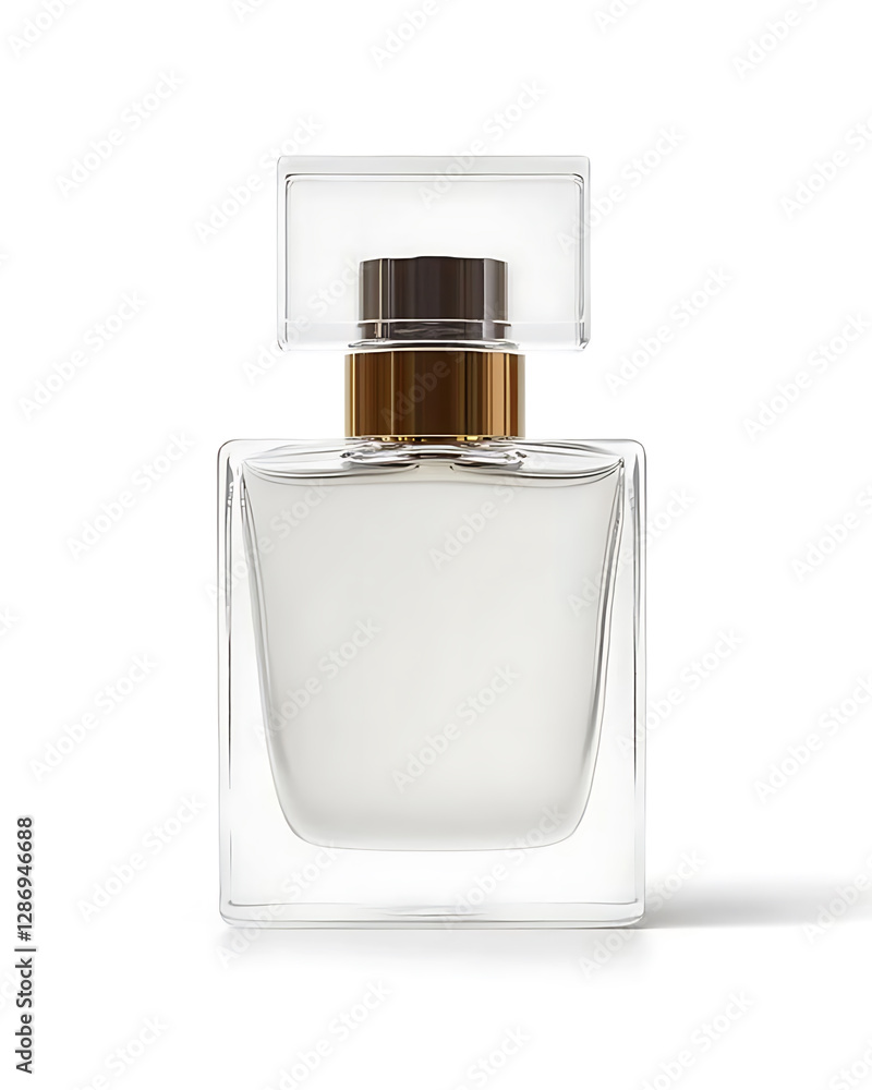 A clear square perfume bottle with a minimalist design gold accent and transparent cap isolated on a white background. A clear square perfume bottle with a minimalist design gold accent and transparent cap isolated on a white background.