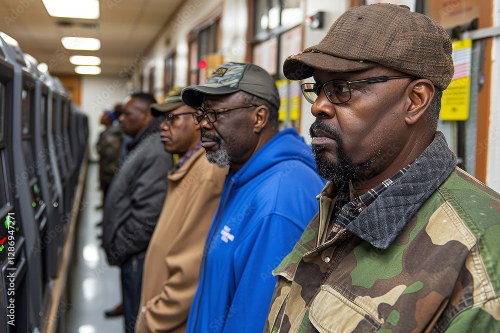 Fototapeta premium Diverse group of adults engaged in voting process at election registration table