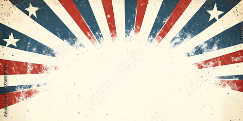 Vintage patriotic burst with red white and blue stripes and stars featuring a textured distressed finish on a light background.
