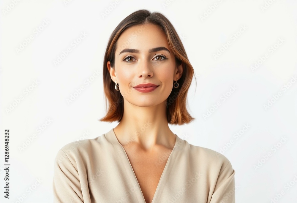 Portrait of a woman with neutral makeup and simple clothing