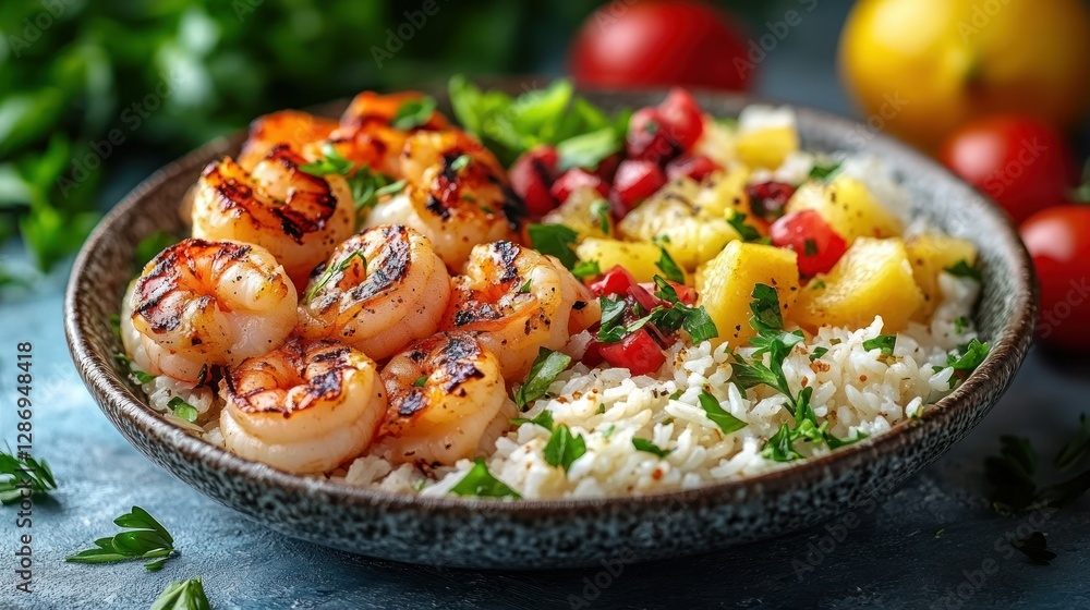 Grilled shrimp bowl with rice, pineapple, and pomegranate Grilled shrimp bowl with rice, pineapple, and pomegranate