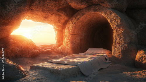 Wallpaper Mural The empty tomb at dawn, with light streaming through the stone entrance, a single folded linen cloth left inside Torontodigital.ca