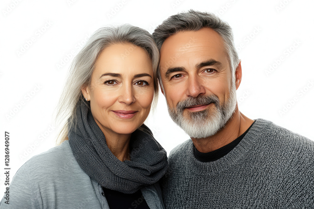 middle age couple with gray hair smiles warmly at camera, their love and connection. Their cozy attire and soft expressions create heartwarming on plain white background middle age couple with gray hair smiles warmly at camera, their love and connection. Their cozy attire and soft expressions create heartwarming on plain white background