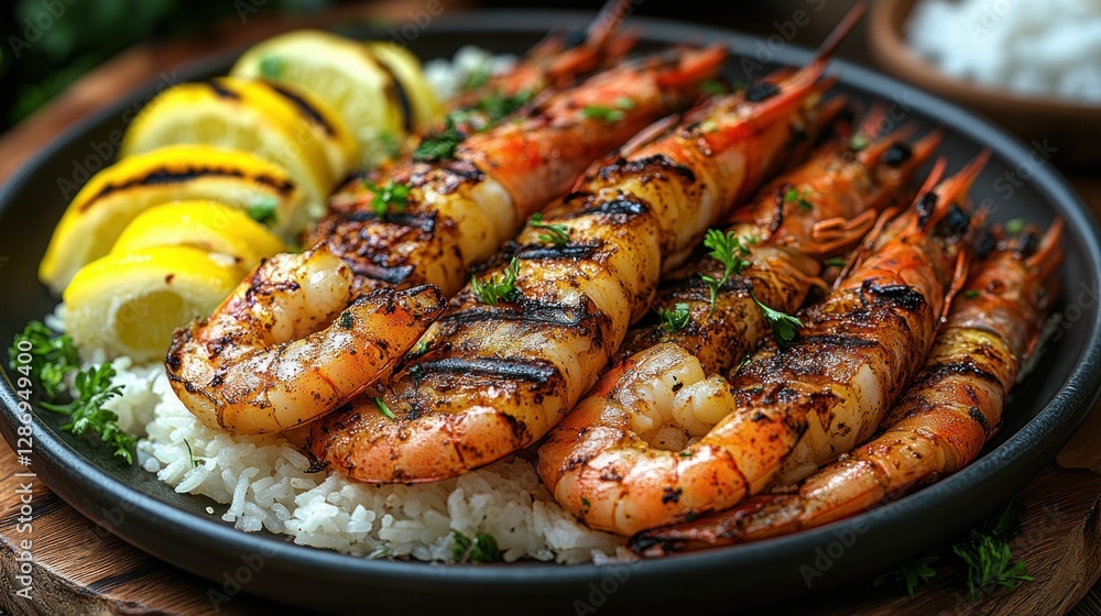 Grilled Shrimp with Rice and Lemon, Dark Plate, Wooden Background Grilled Shrimp with Rice and Lemon, Dark Plate, Wooden Background