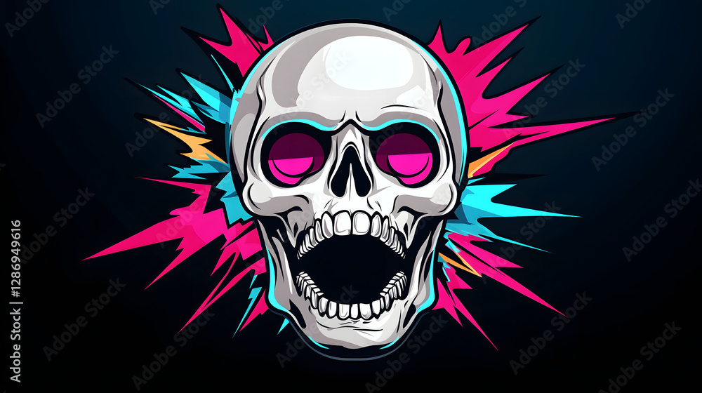 Sleek Silver Skull with Multicolored Lightning Arcs: Urban Rock 'n' Roll Cartoon Design Sleek Silver Skull with Multicolored Lightning Arcs: Urban Rock 'n' Roll Cartoon Design