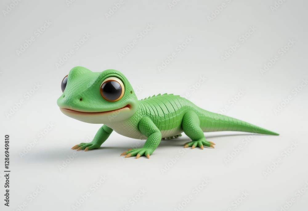 Obraz premium Adorable Green Cartoon Lizard with Big Eyes on White Background