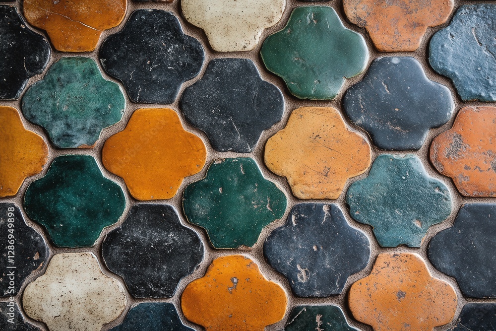 Fototapeta premium Colorful hexagonal tiles display intricate patterns in a rustic setting on a timeless floor design