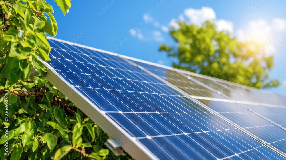 Fototapeta premium sustainable energy residences, solar panels on a modern eco-home with the sky and greenery reflecting renewable energy