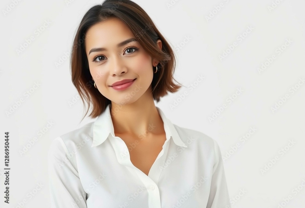 Photorealistic portrait of a woman with neutral makeup and simple clothing Photorealistic portrait of a woman with neutral makeup and simple clothing