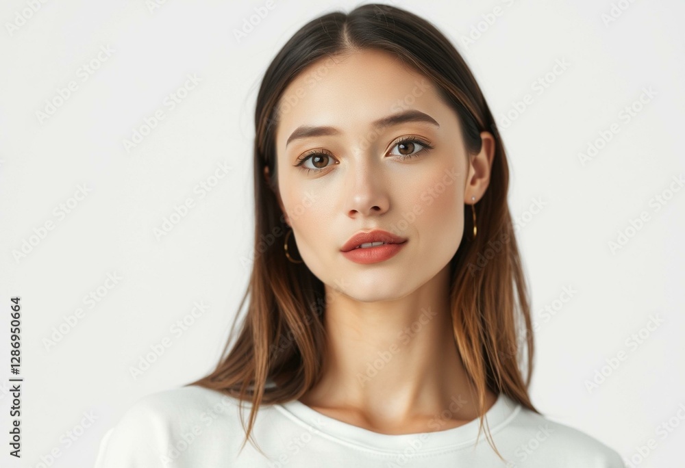 Professional portrait of a woman with neutral makeup and simple clothing Professional portrait of a woman with neutral makeup and simple clothing