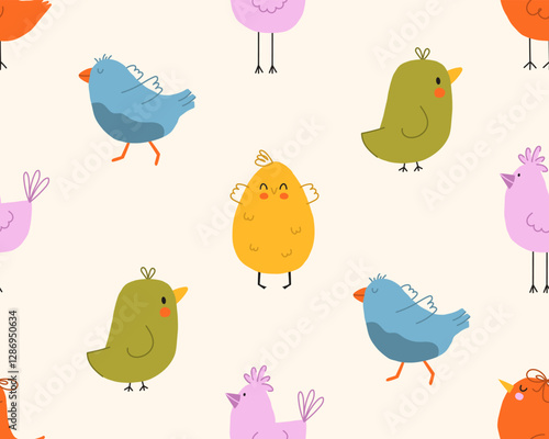 Childish birds seamless pattern. Colorful spring birds seamless pattern. Cute childish illustration
