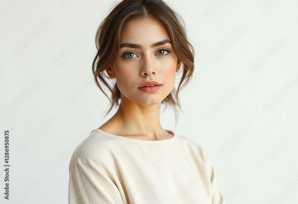 Photorealistic portrait of a woman with neutral makeup and simple clothing Photorealistic portrait of a woman with neutral makeup and simple clothing