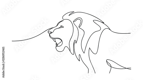 A singleline drawing depicts a roaring lions profile, showcasing its mane, powerful features, and regal stance. The minimalist style emphasizes the animals strength and beauty.