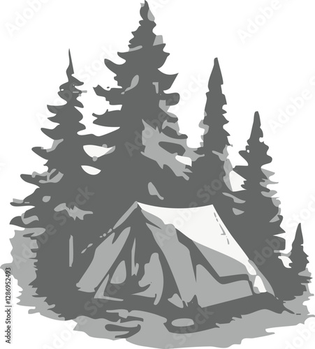 Illustration of a tent pitched in a dense pine forest, recreating the atmosphere of a peaceful camping in the wild.