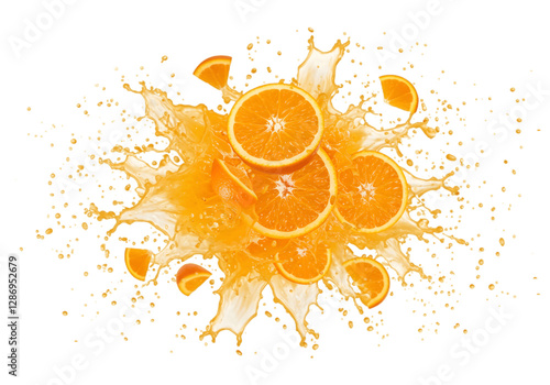 Oranges with slices and juice exploding on transparent background, Orange bursting with juice and pieces on png background